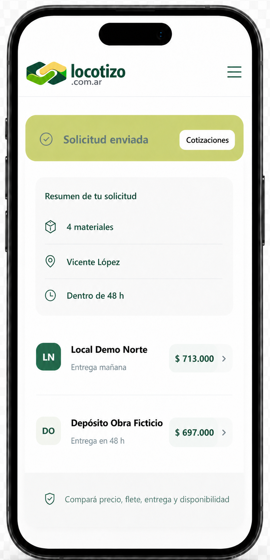 Vista móvil de Marketplace de Materiales con una solicitud enviada y cotizaciones de dos locales